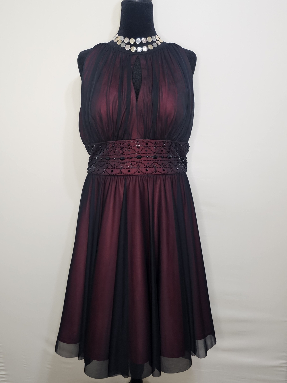 Sleeveless Burgundy Midi Dress with Black Overlay and Beaded Waist